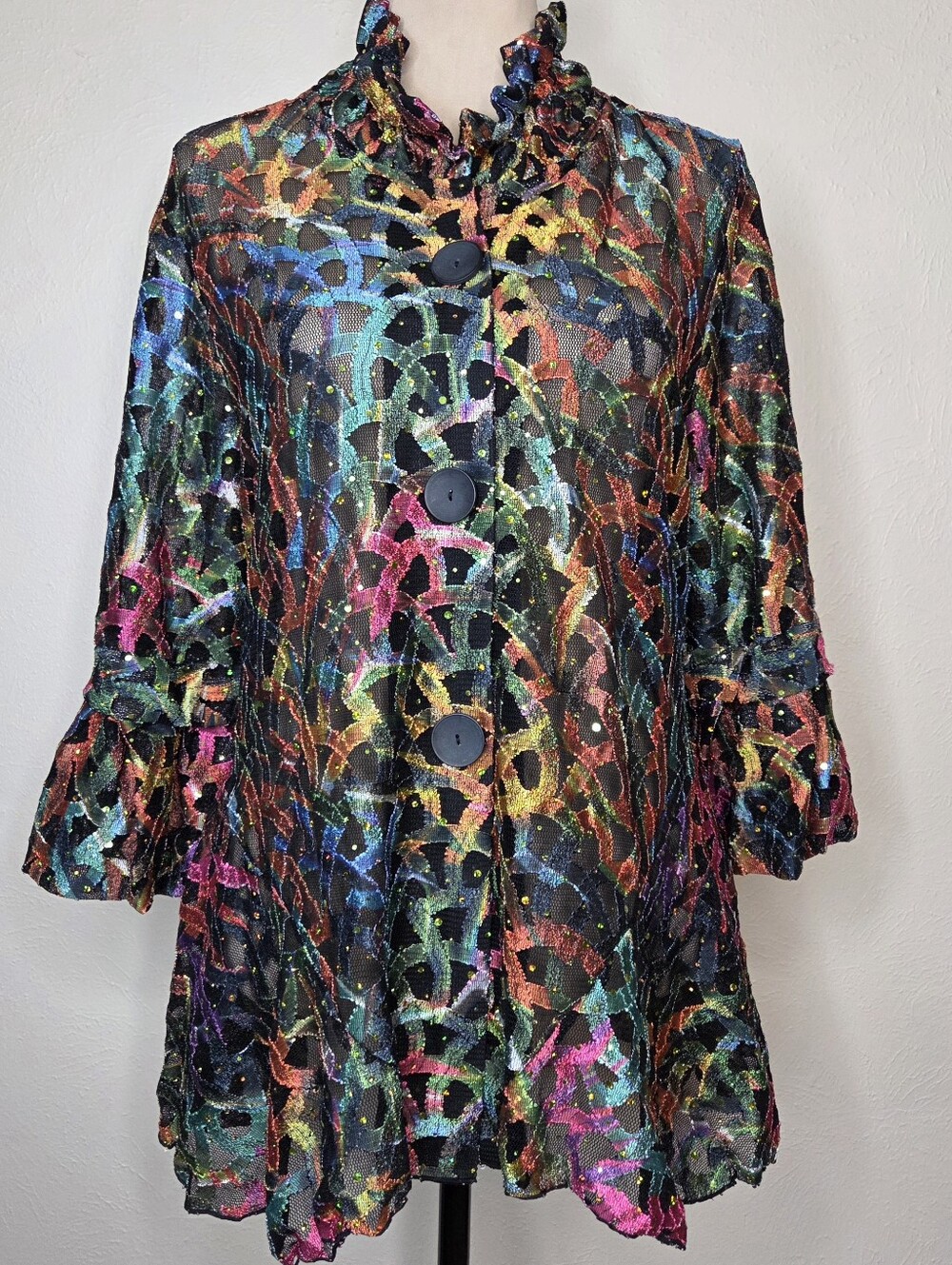 Damee Mesh Art-to-Wear Jacket M Abstract Rainbow Rhinestone Wired Collar Artsy